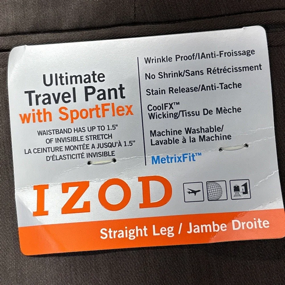 Izod Ultimate Travel Pants Mens 38x32 Sportflex UPF 50 Brown Wicking Golf NEW